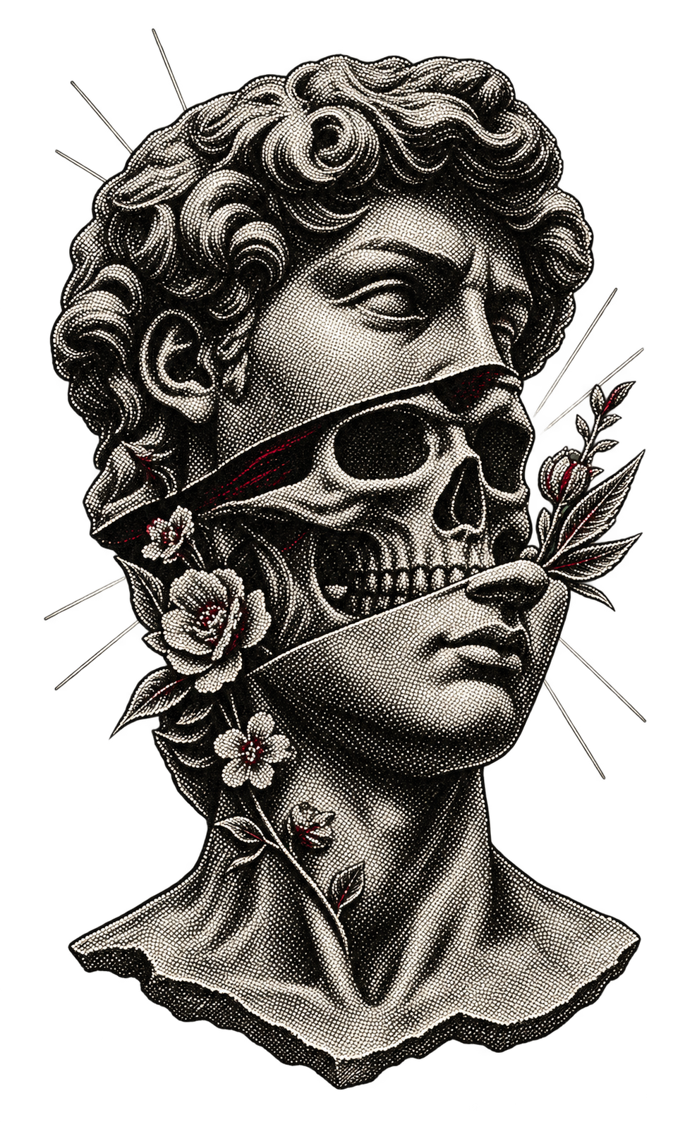 Stippled classical male bust with a layered skull motif and branches